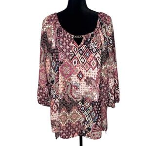 Sami & Jo - Multicolor Geometric Paisley Blouse with Gold Chain - Size 2X